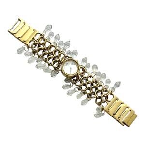 Betsey Johnson Watch Gold Tone Stainless Metal w/Faceted Hanging Crystals